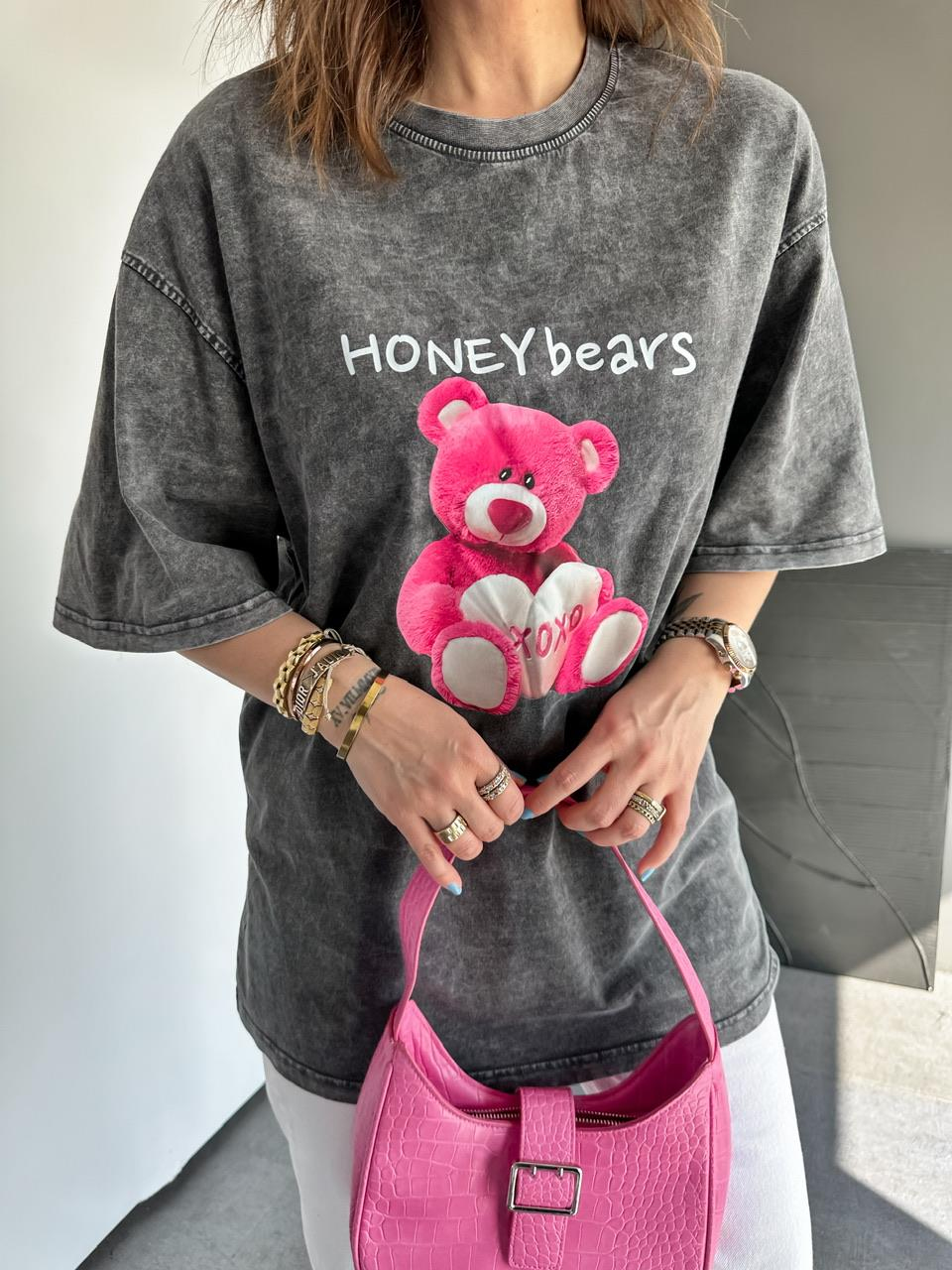 Antrasit Honey Bears Yıkamalı Tshirt