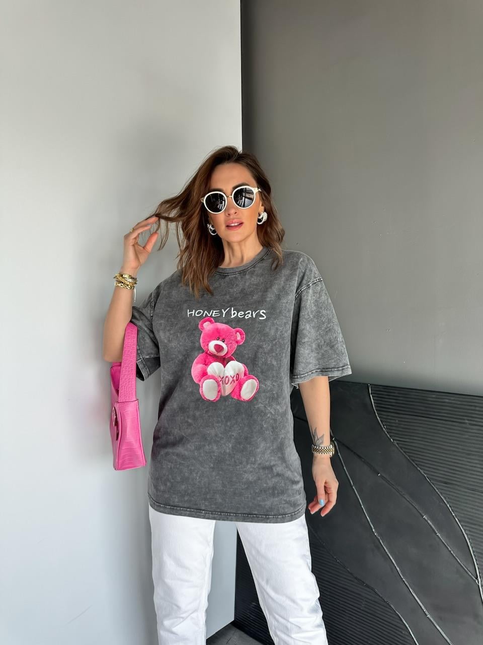 Antrasit Honey Bears Yıkamalı Tshirt