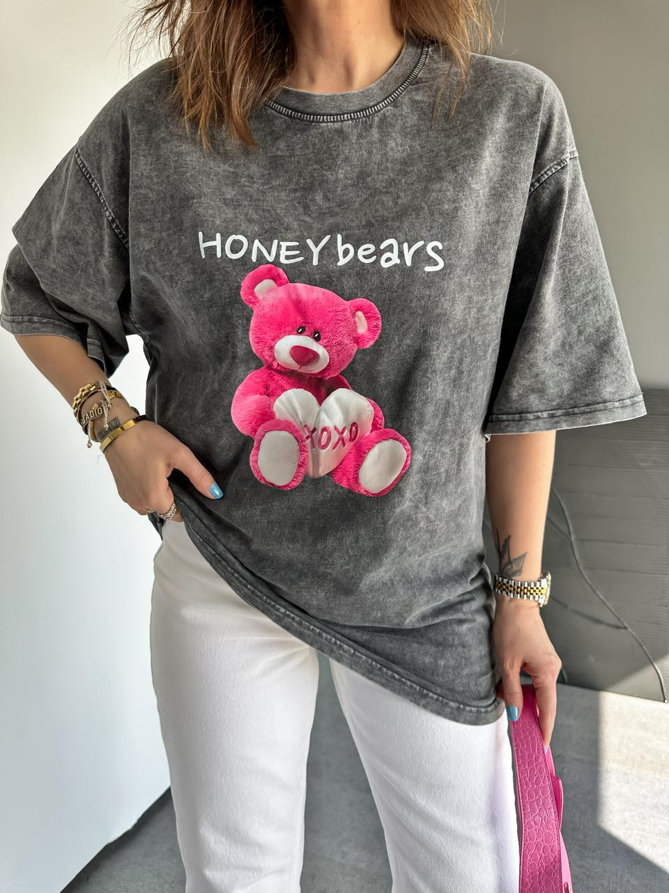 Antrasit Honey Bears Yıkamalı Tshirt
