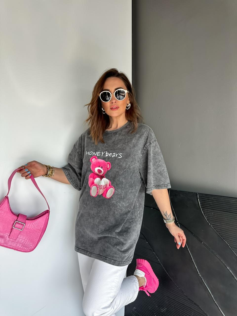 Antrasit Honey Bears Yıkamalı Tshirt