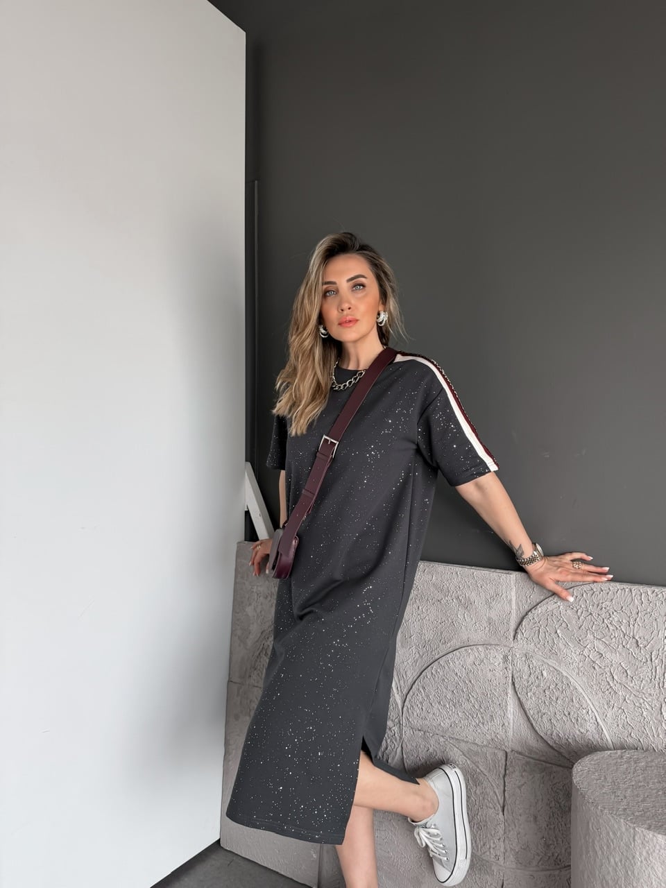 Antrasit Işıltılı Şeritli Modal Elbise