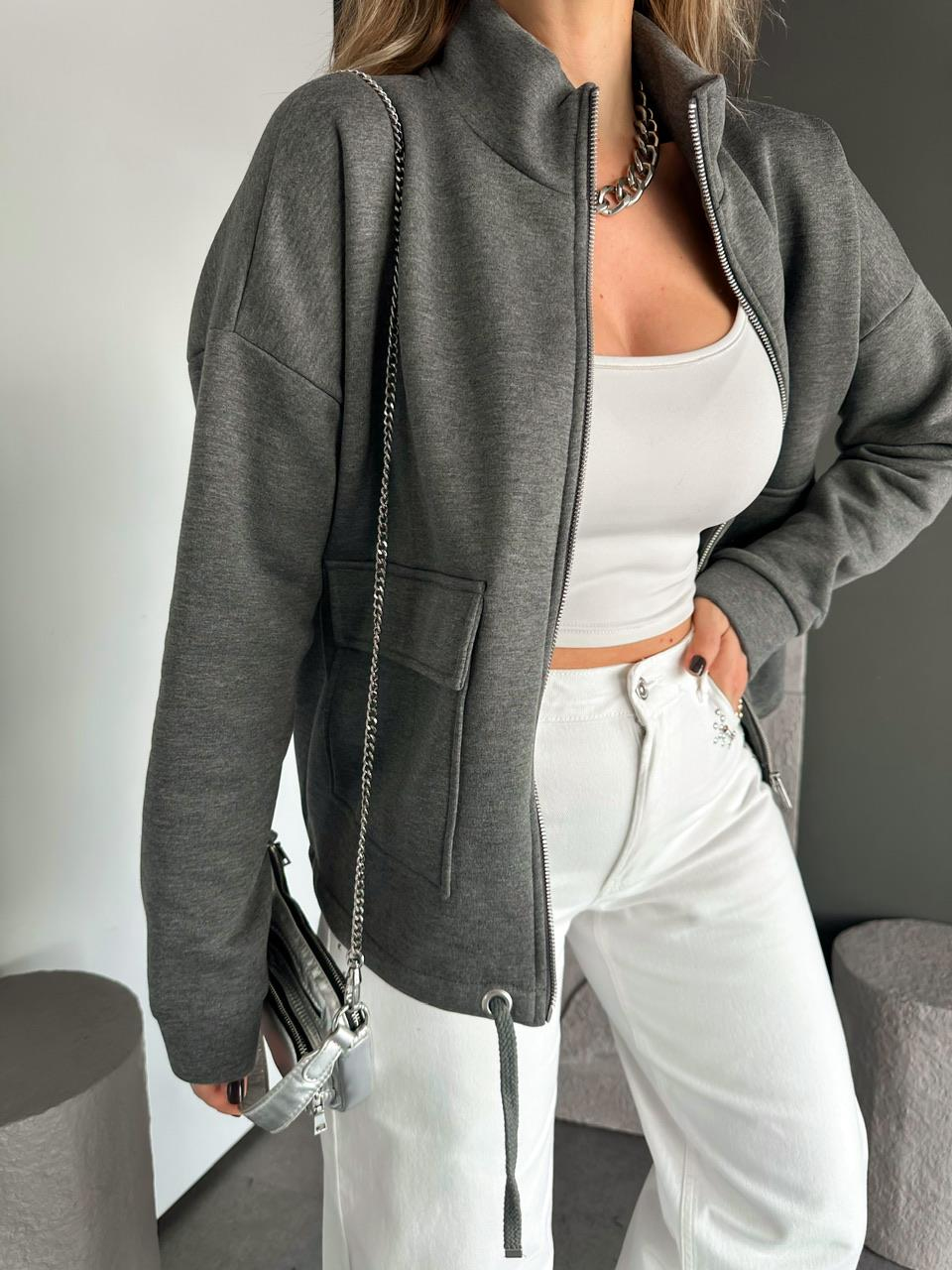 Antrasit Kapak Cepli Şardonlu Sweatshirt