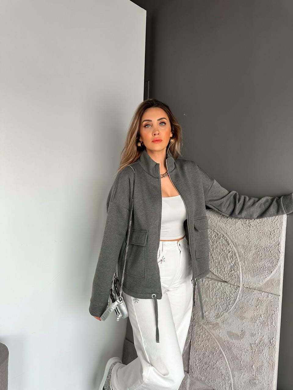 Antrasit Kapak Cepli Şardonlu Sweatshirt