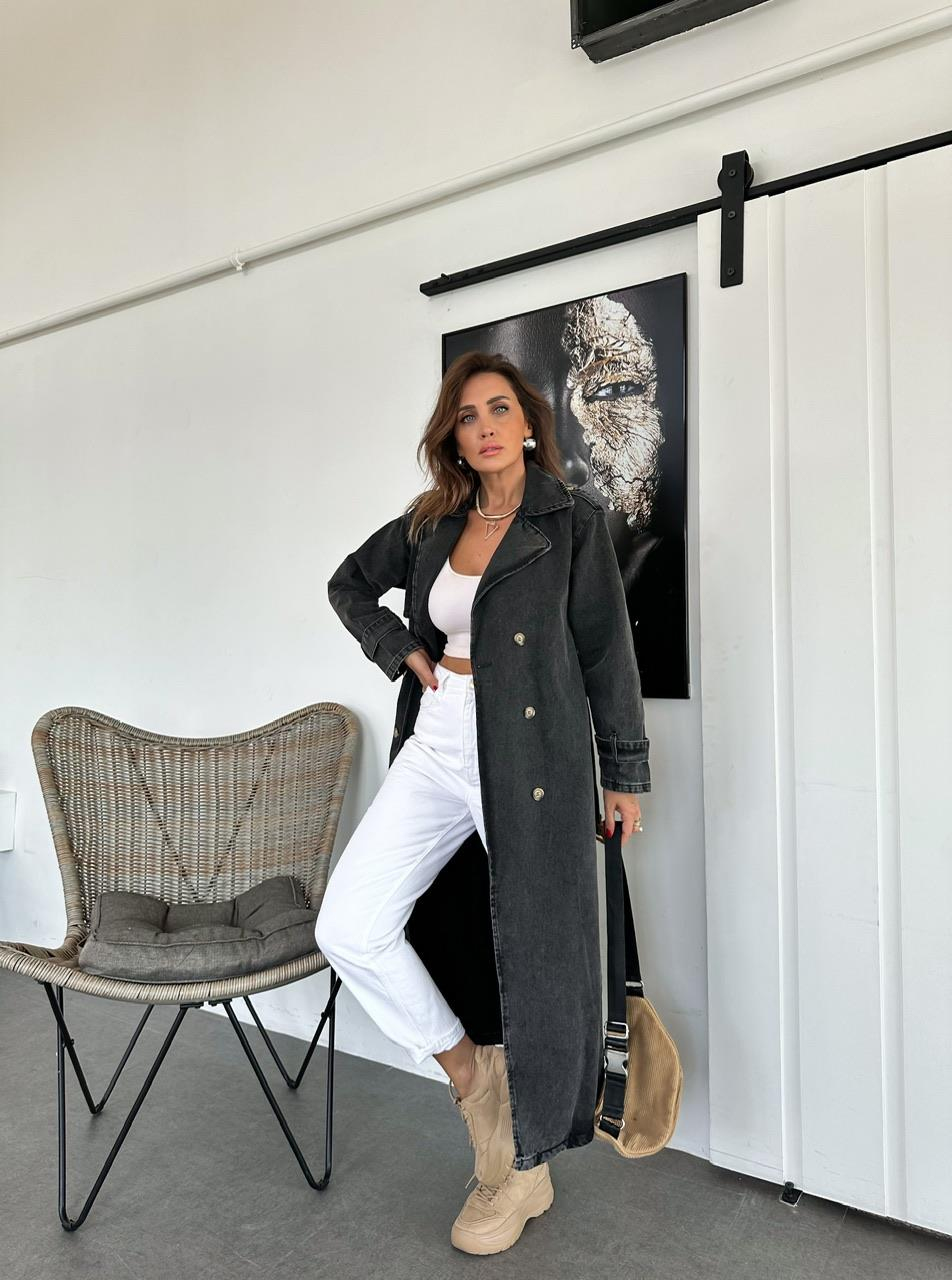Antrasit Kemerli Denim Trençkot