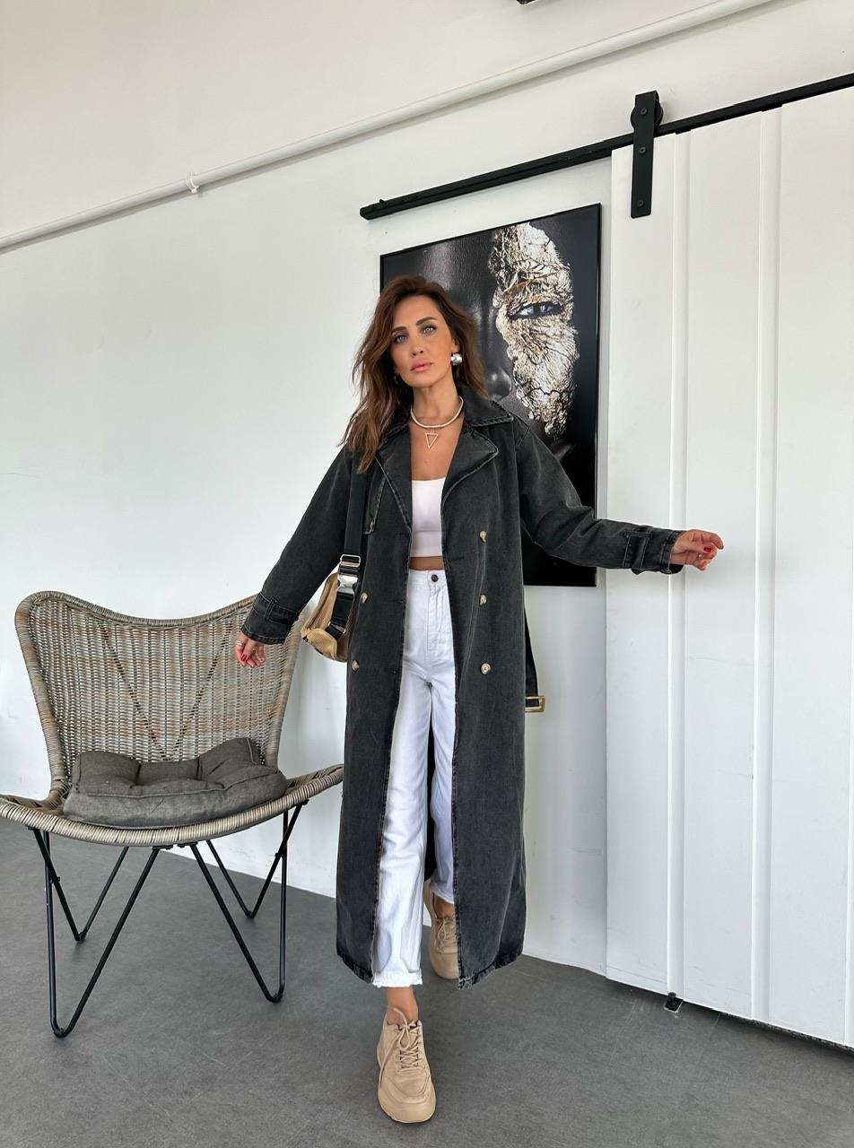 Antrasit Kemerli Denim Trençkot