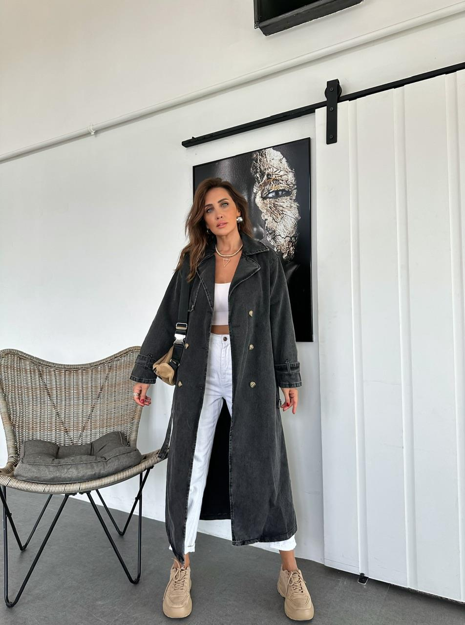 Antrasit Kemerli Denim Trençkot