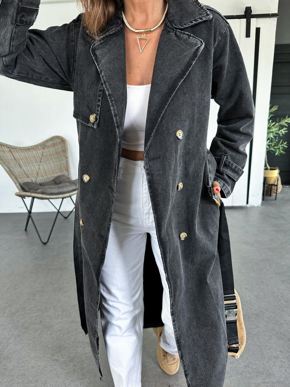 Antrasit Kemerli Denim Trençkot