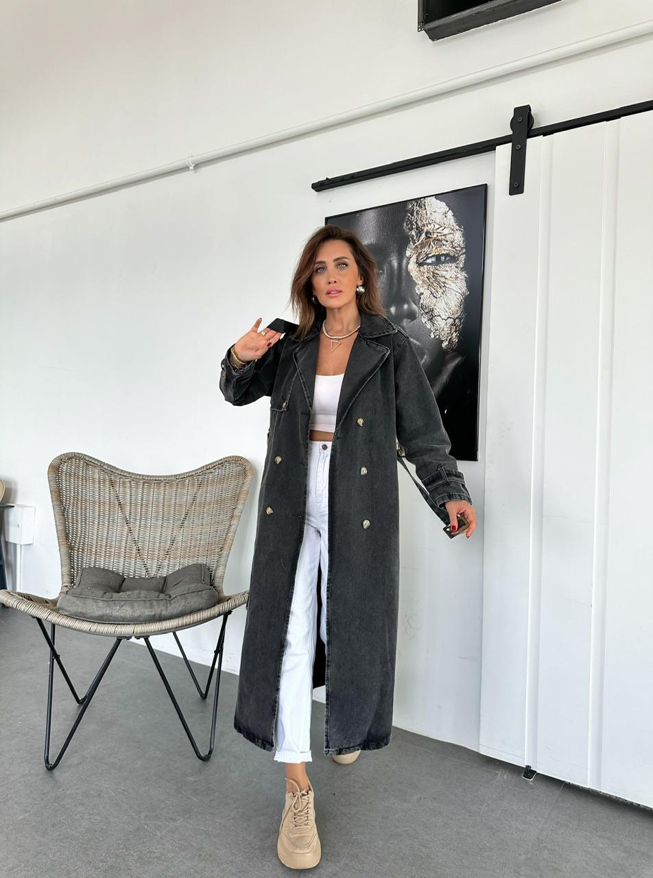 Antrasit Kemerli Denim Trençkot