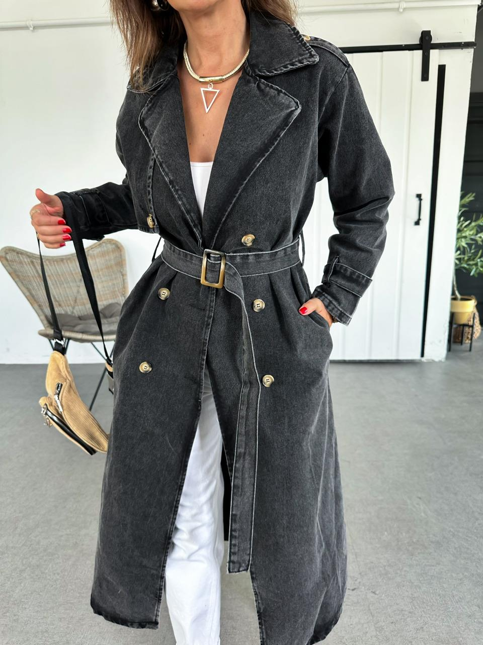 Antrasit Kemerli Denim Trençkot
