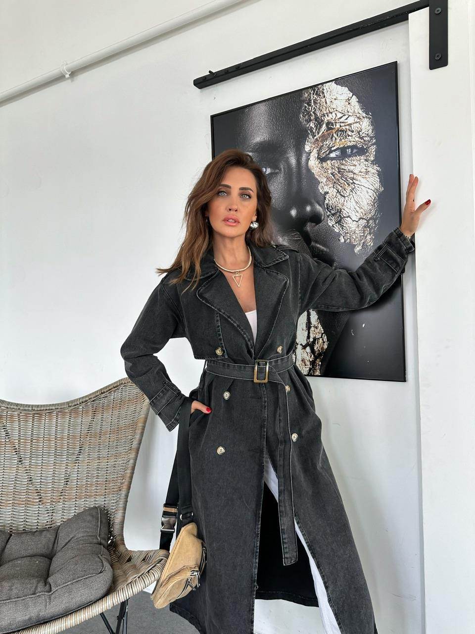Antrasit Kemerli Denim Trençkot
