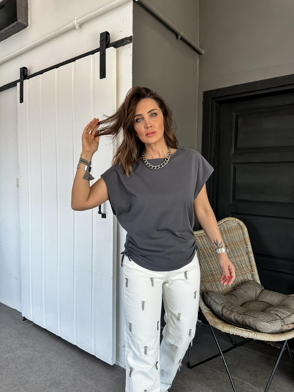Antrasit Kenarları Büzgülü Cotton Tshirt