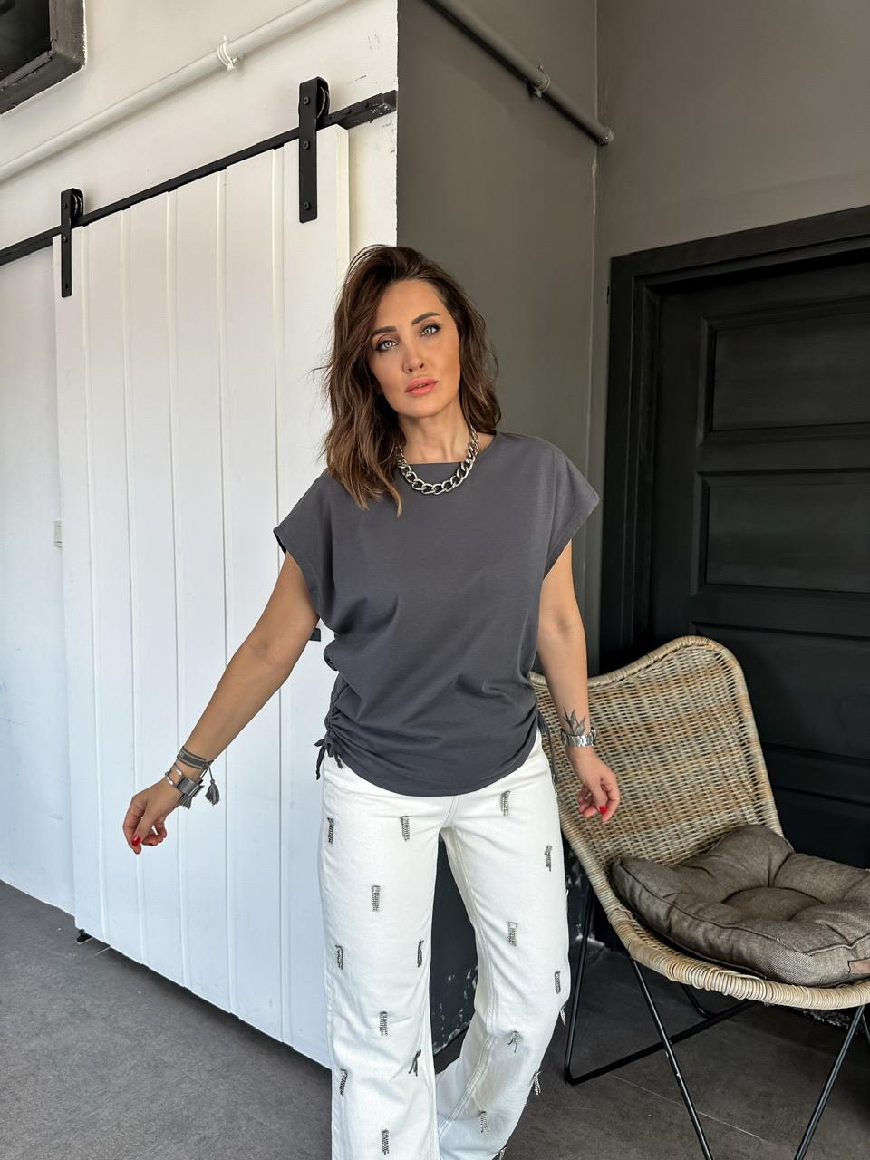 Antrasit Kenarları Büzgülü Cotton Tshirt
