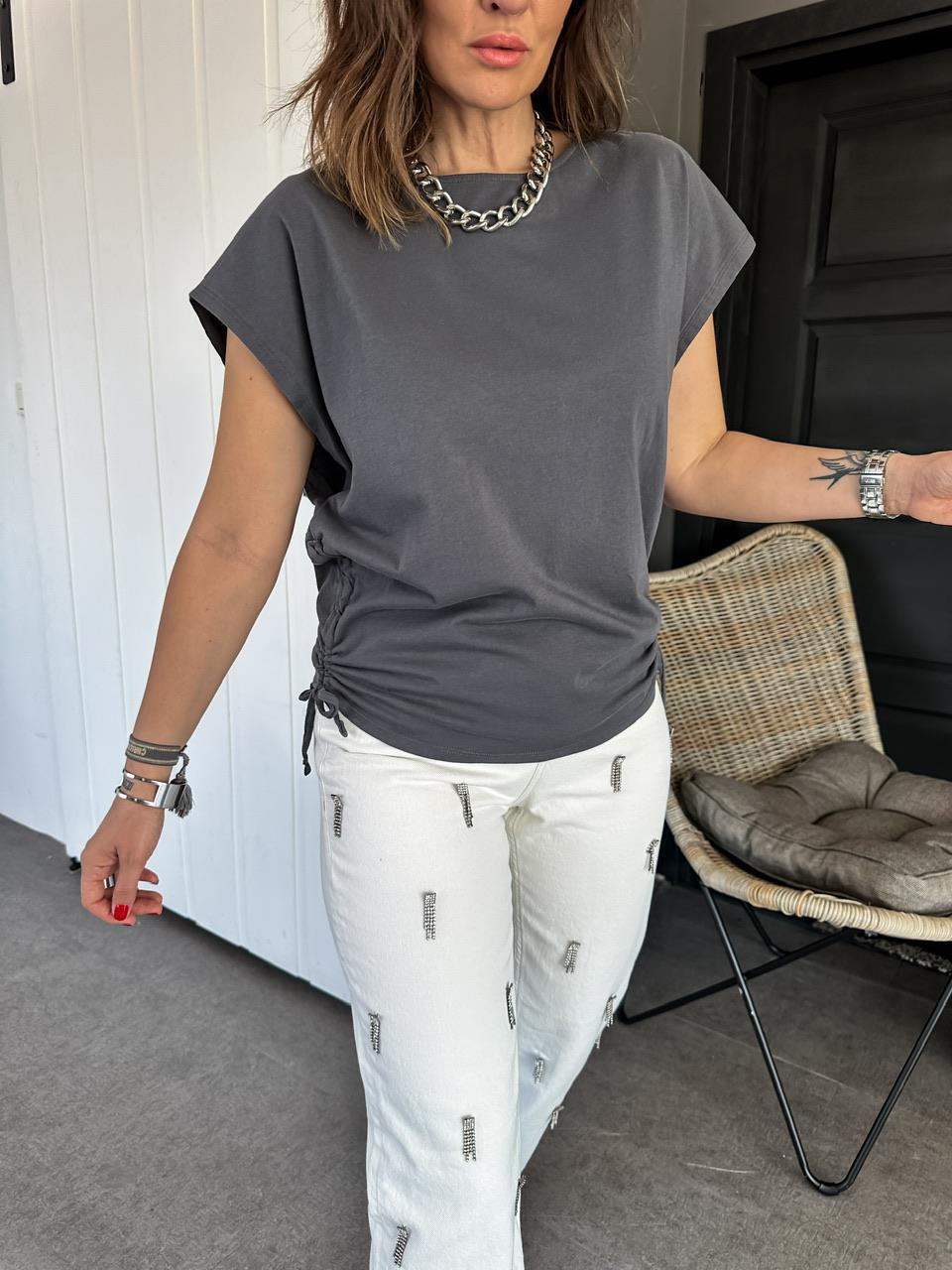 Antrasit Kenarları Büzgülü Cotton Tshirt