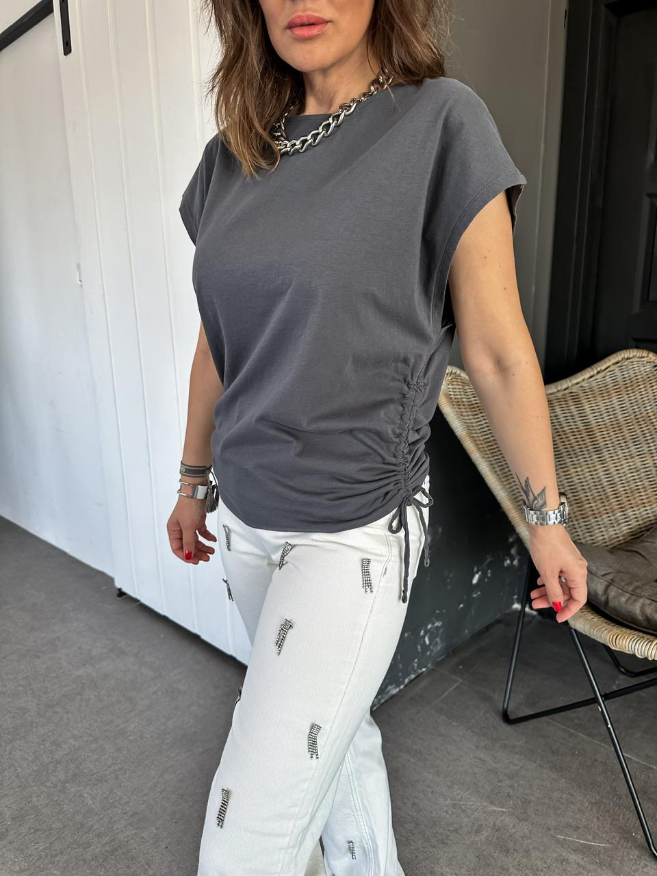 Antrasit Kenarları Büzgülü Cotton Tshirt