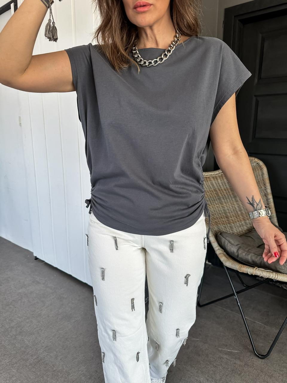 Antrasit Kenarları Büzgülü Cotton Tshirt