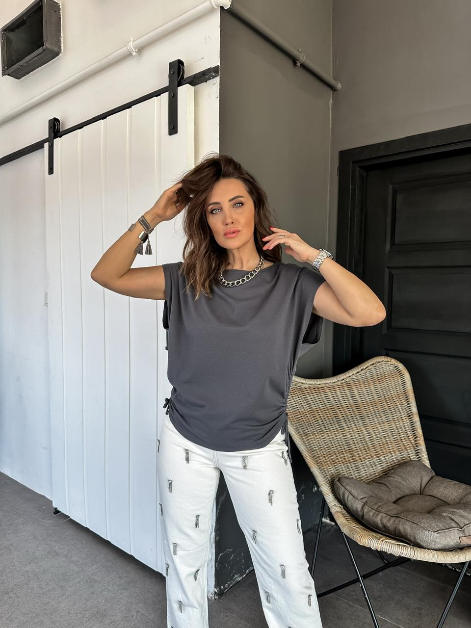 Antrasit Kenarları Büzgülü Cotton Tshirt