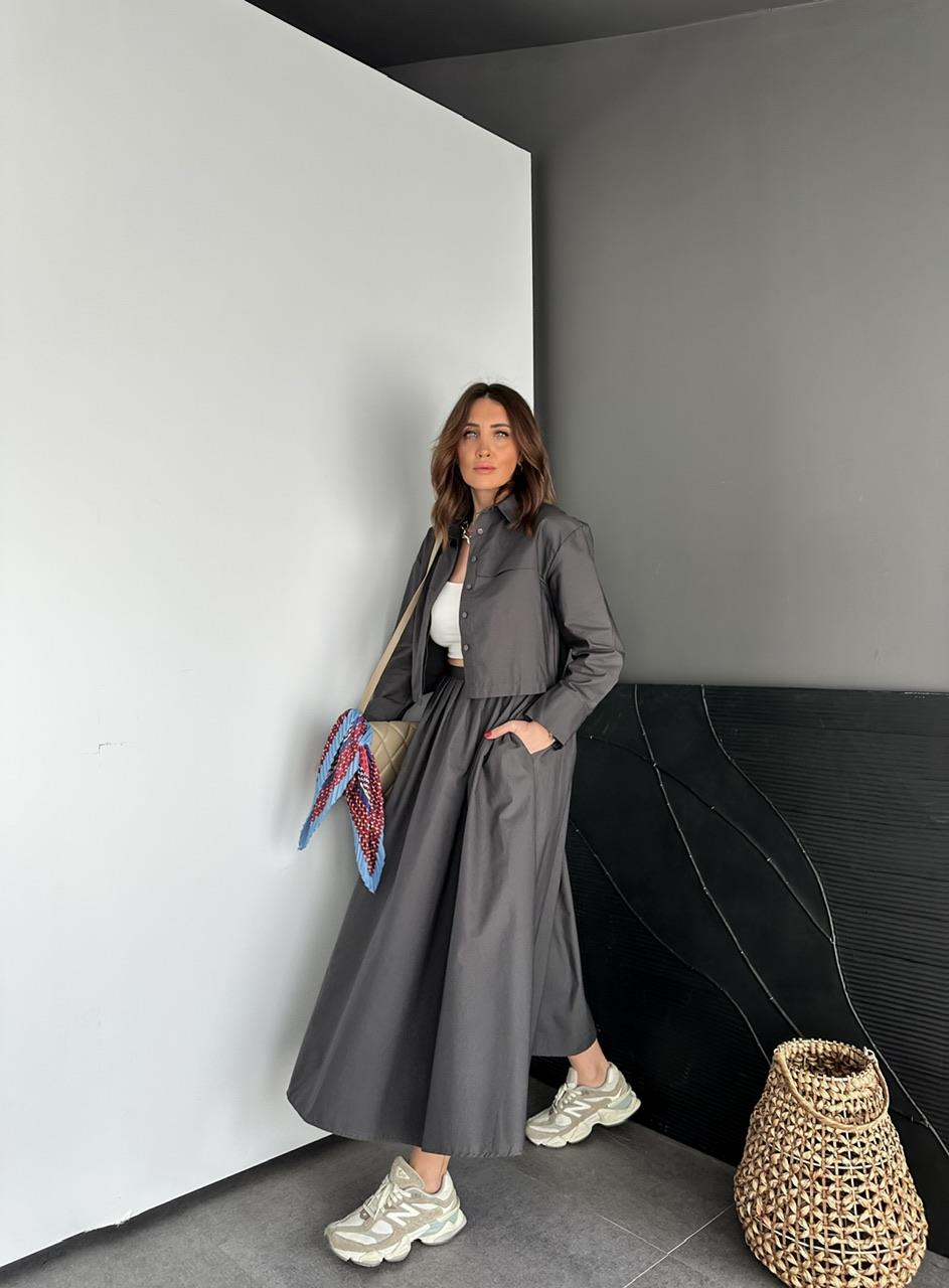 Antrasit Kısa Gömlekli Etekli Cotton Takım