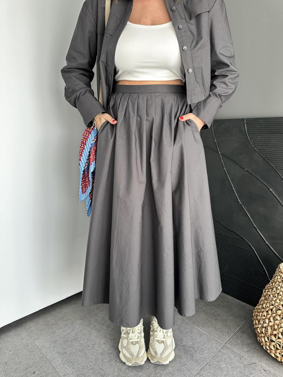 Antrasit Kısa Gömlekli Etekli Cotton Takım