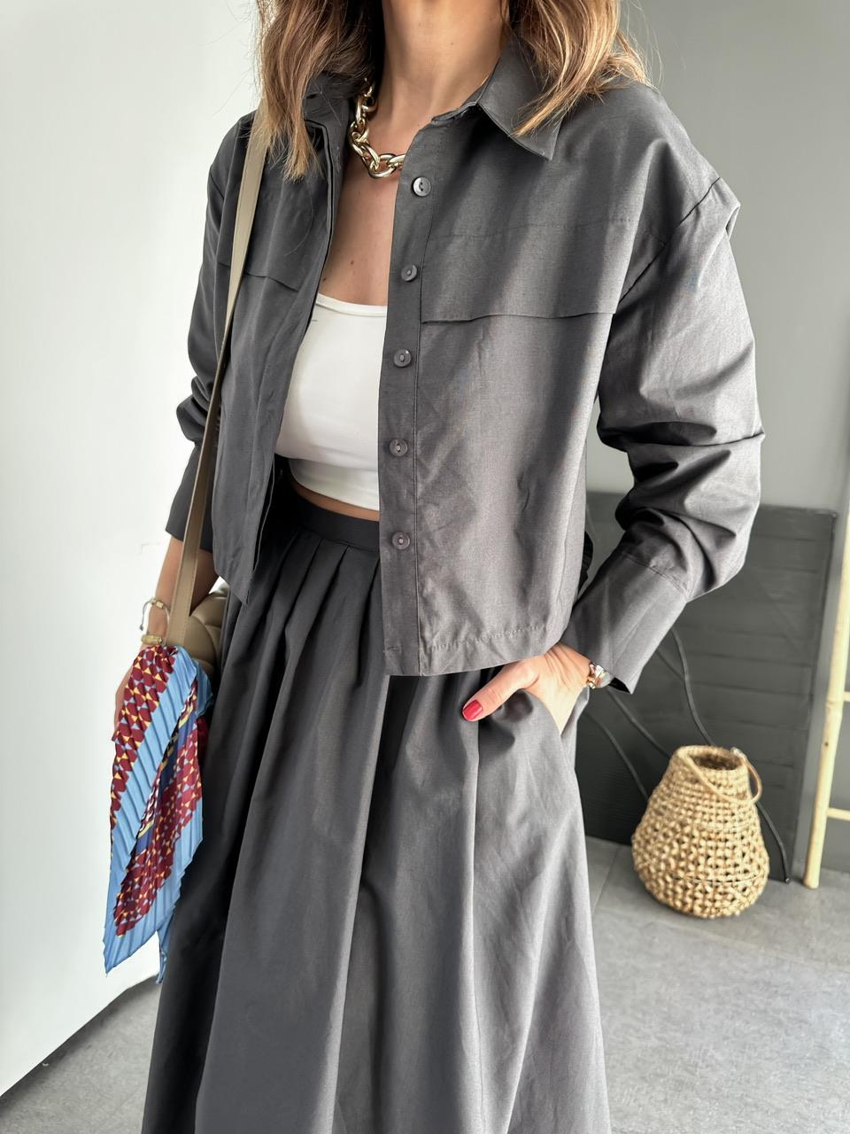Antrasit Kısa Gömlekli Etekli Cotton Takım
