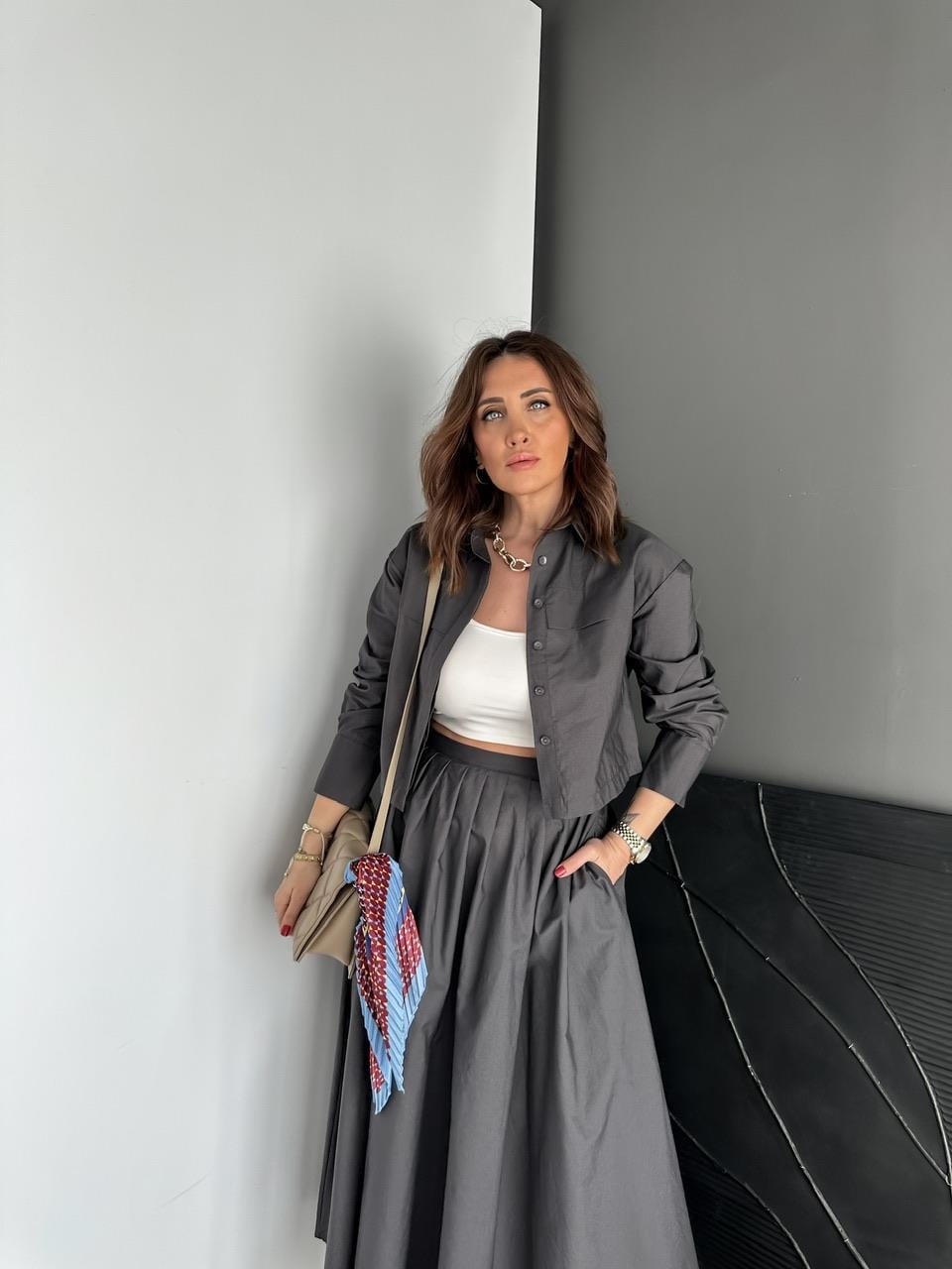 Antrasit Kısa Gömlekli Etekli Cotton Takım