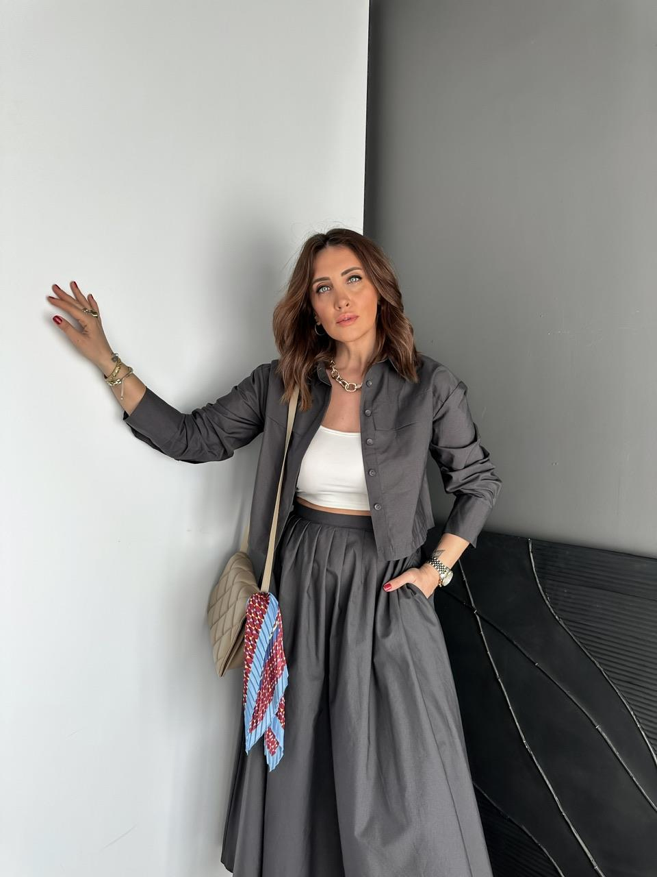 Antrasit Kısa Gömlekli Etekli Cotton Takım