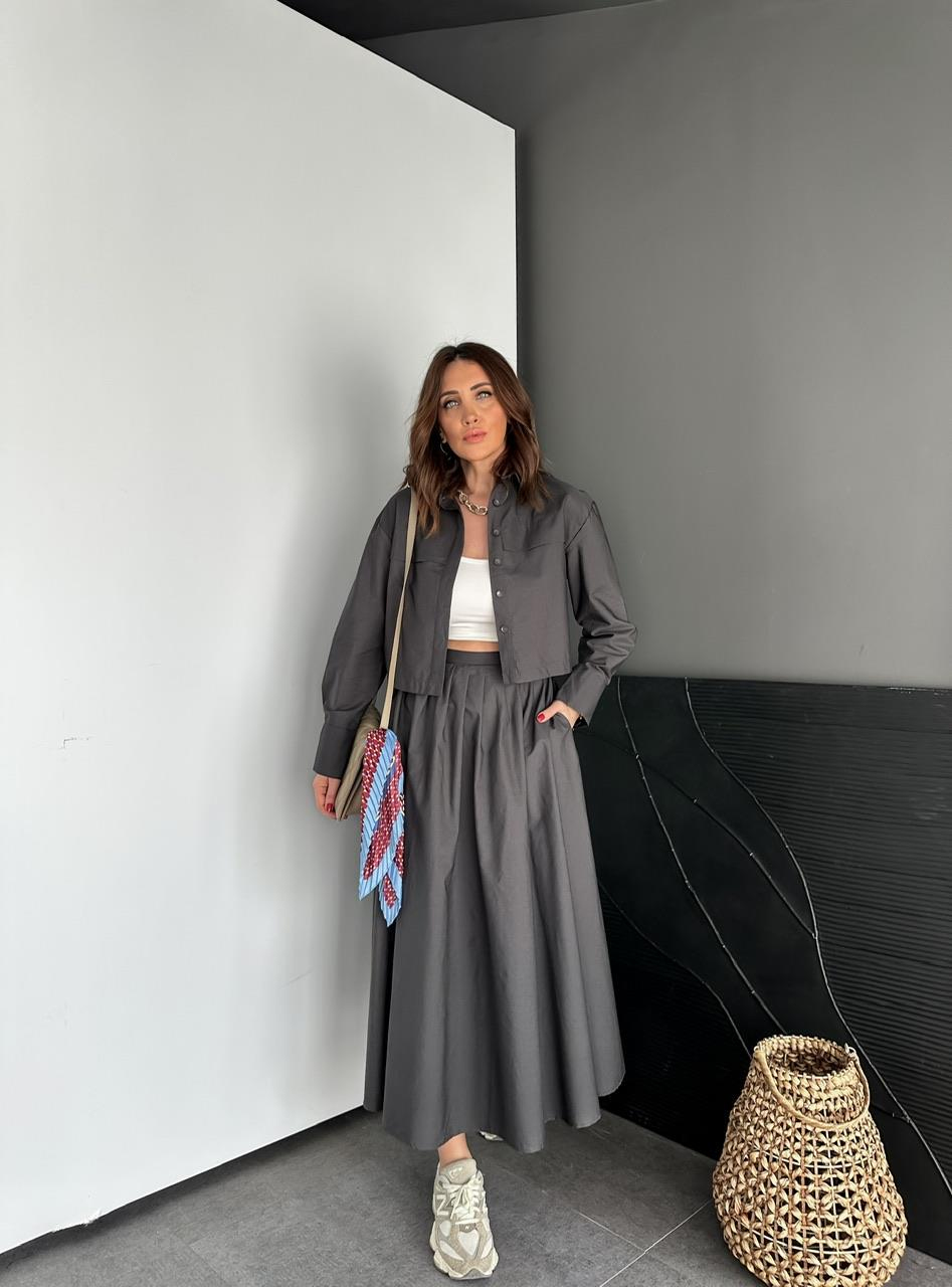 Antrasit Kısa Gömlekli Etekli Cotton Takım