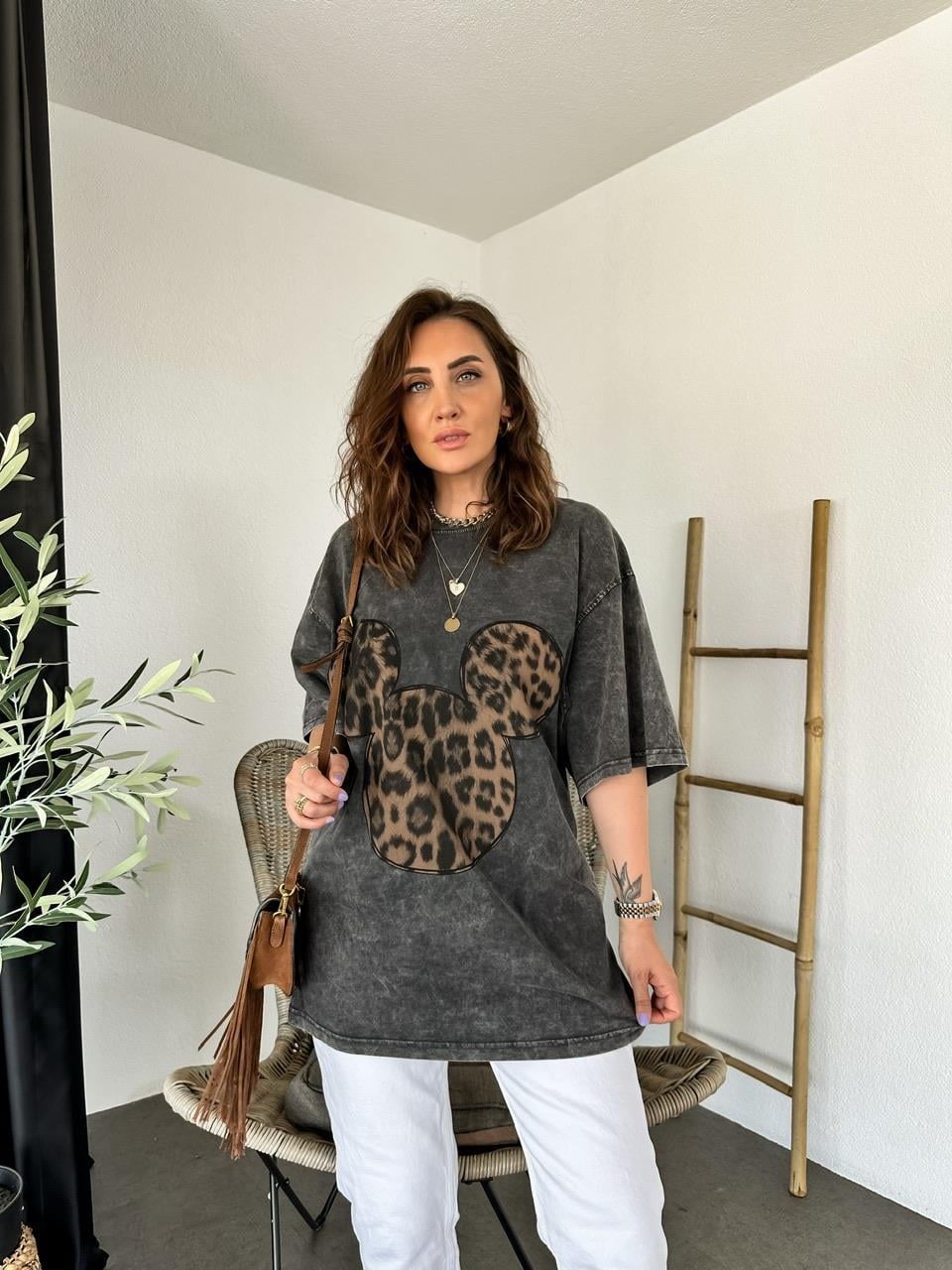 Antrasit Leopar Mickey Figürlü Tshirt