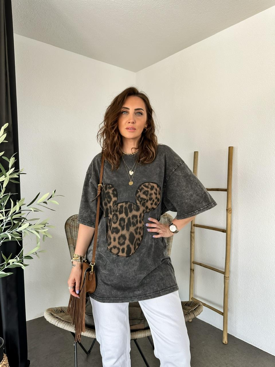 Antrasit Leopar Mickey Figürlü Tshirt