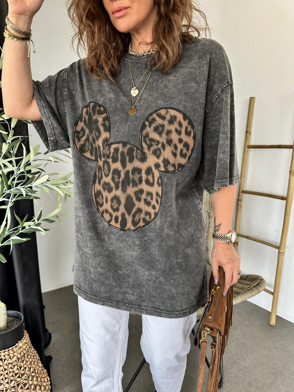 Antrasit Leopar Mickey Figürlü Tshirt