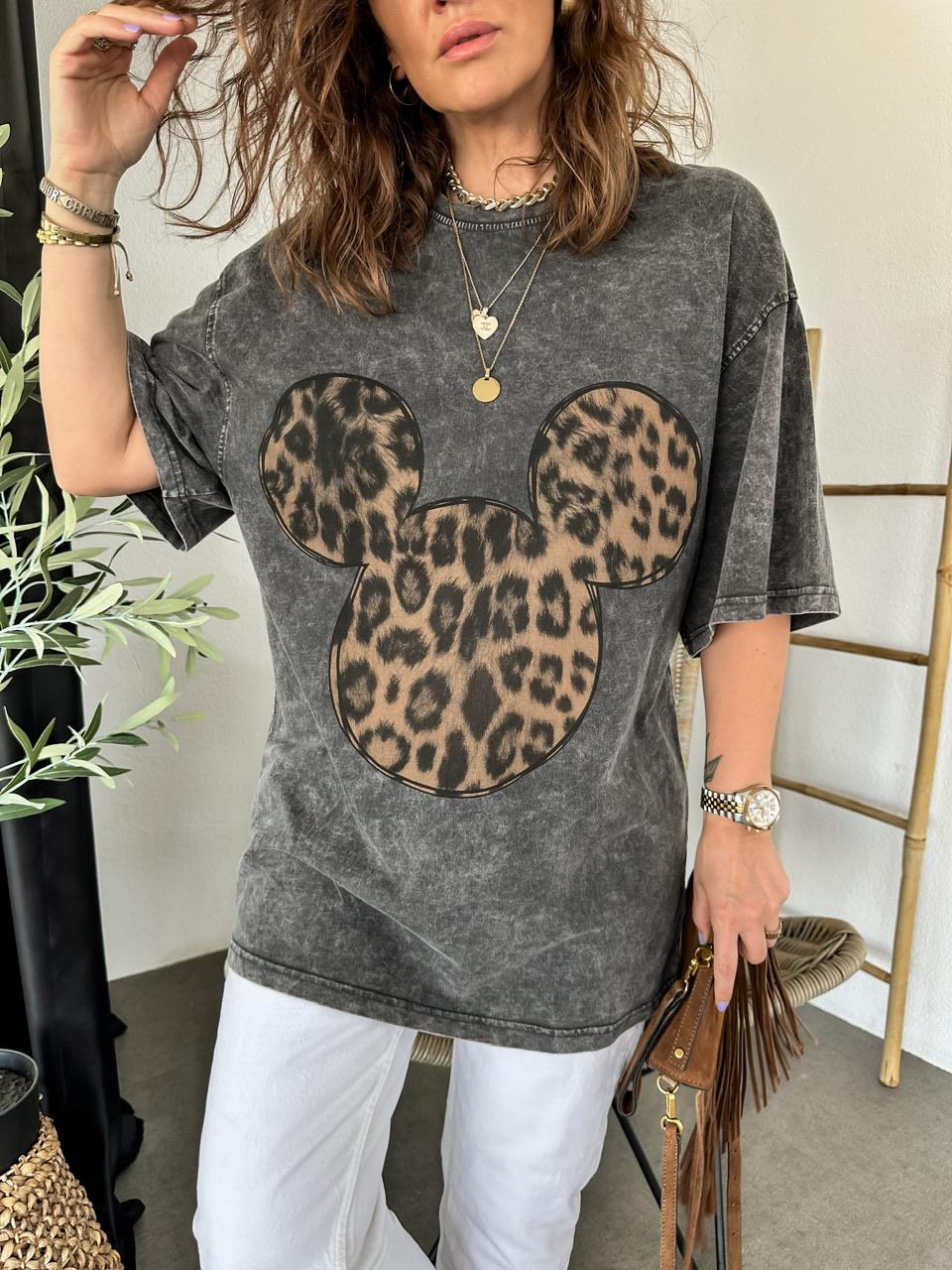 Antrasit Leopar Mickey Figürlü Tshirt