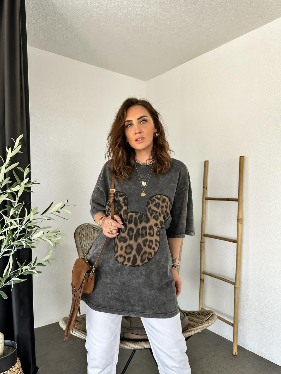 Antrasit Leopar Mickey Figürlü Tshirt