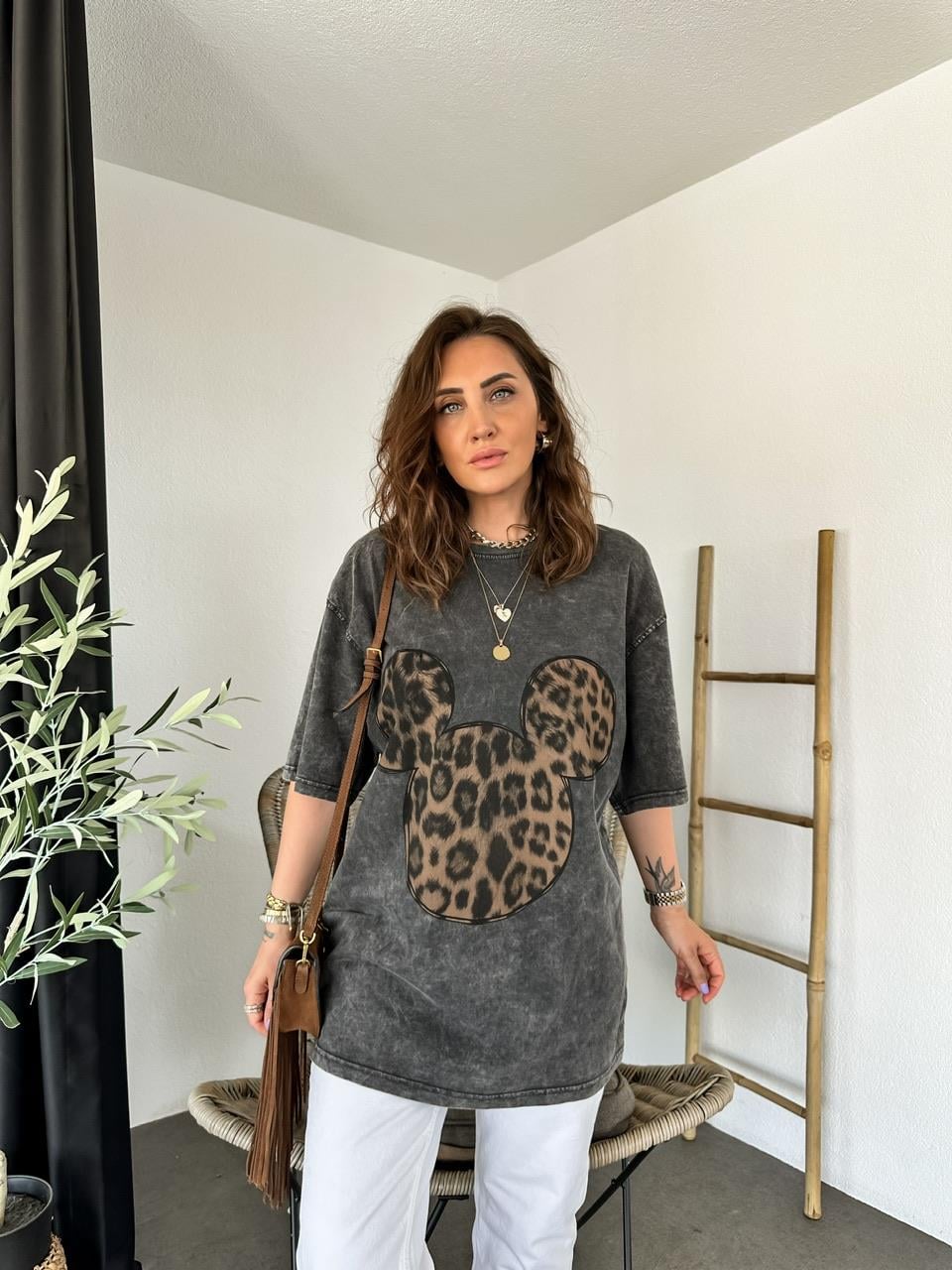 Antrasit Leopar Mickey Figürlü Tshirt