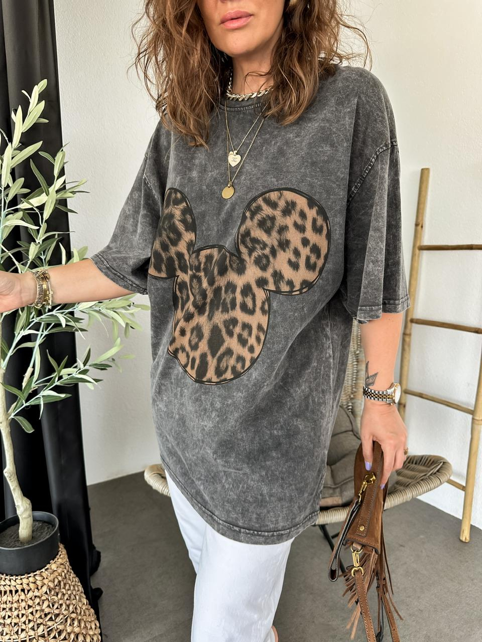 Antrasit Leopar Mickey Figürlü Tshirt