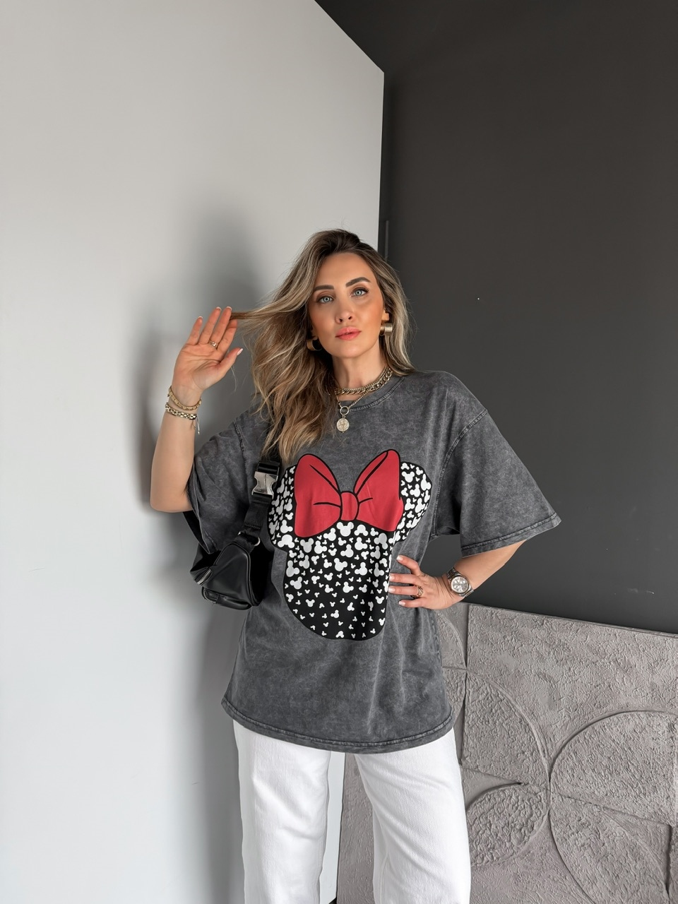 Antrasit Minie Fiyonklu Yıkamalı Tshirt