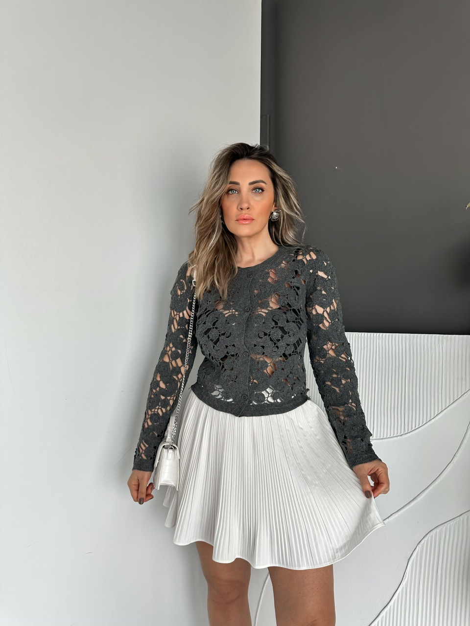 Antrasit Motifli Düğmeli Merserize Hırka