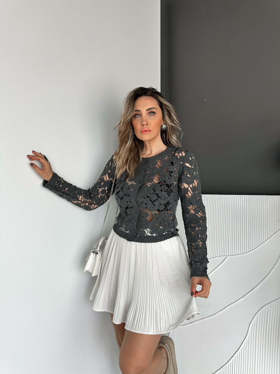 Antrasit Motifli Düğmeli Merserize Hırka