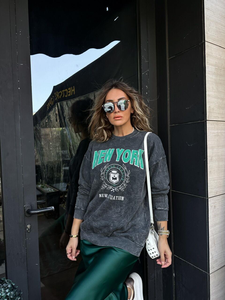Antrasit New York Yıkamalı Sweatshirt