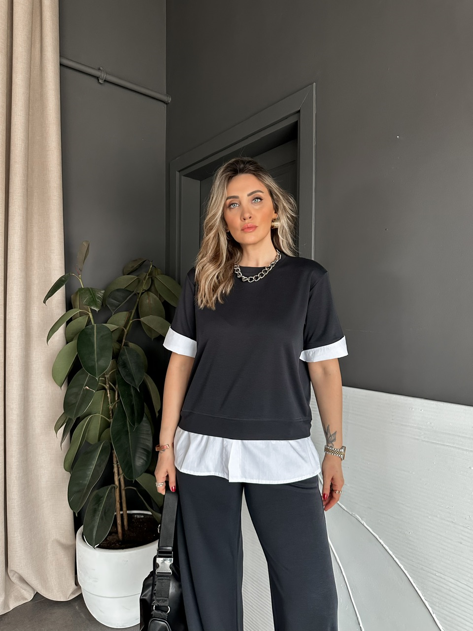 Antrasit Poplin Detaylı Modal Takım