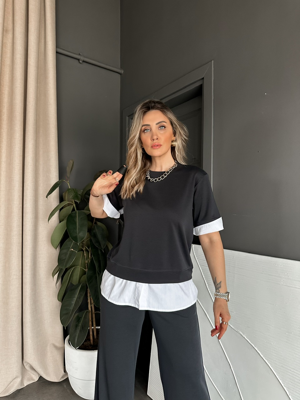 Antrasit Poplin Detaylı Modal Takım