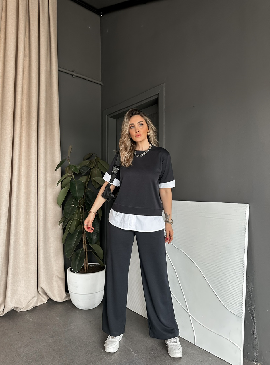 Antrasit Poplin Detaylı Modal Takım