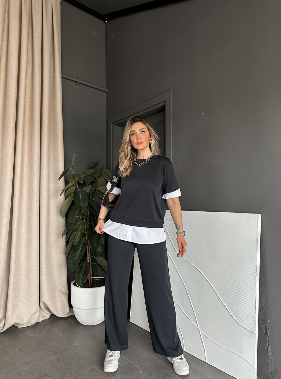 Antrasit Poplin Detaylı Modal Takım
