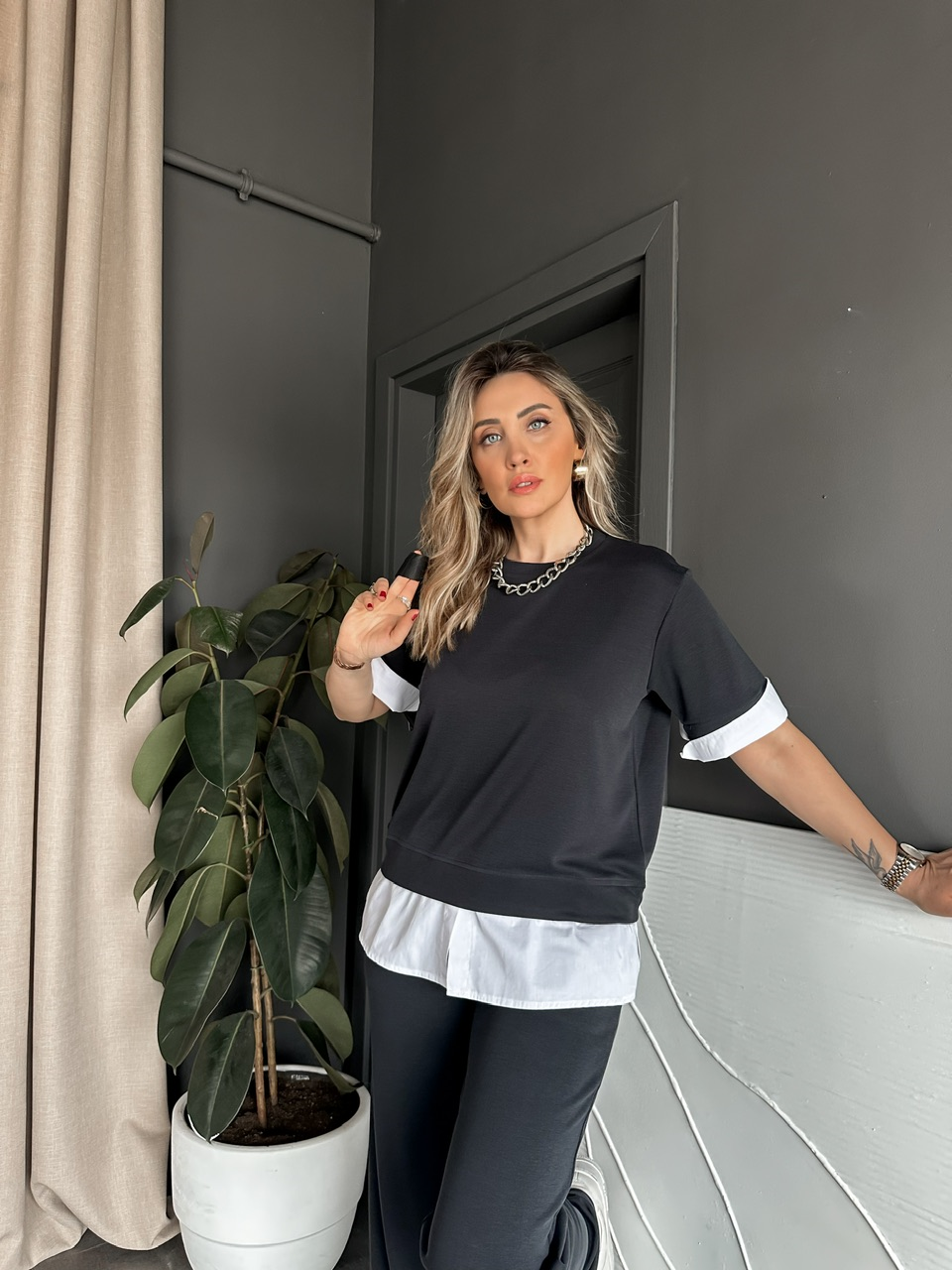 Antrasit Poplin Detaylı Modal Takım