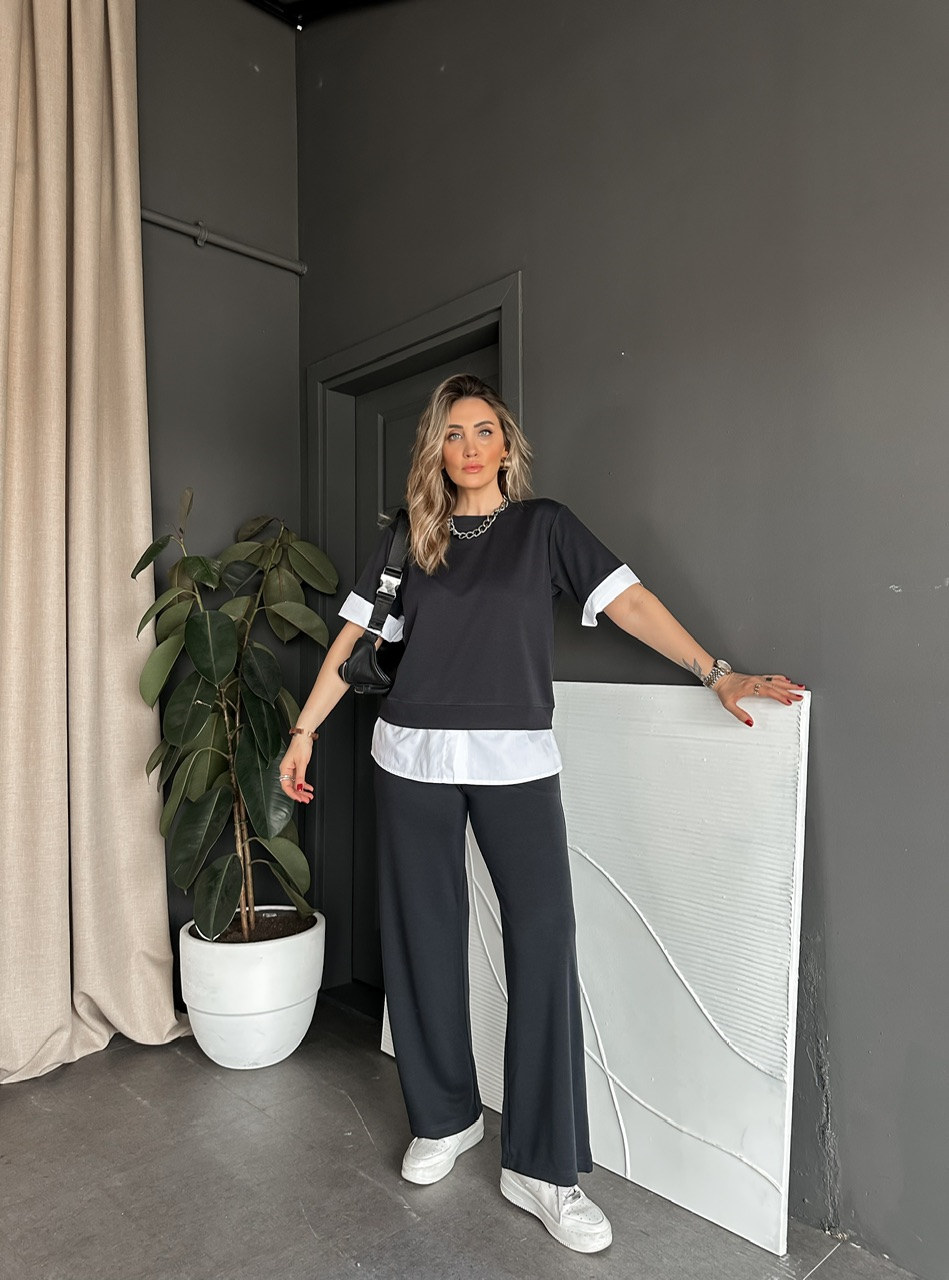 Antrasit Poplin Detaylı Modal Takım