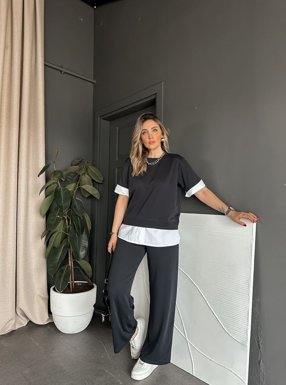 Antrasit Poplin Detaylı Modal Takım
