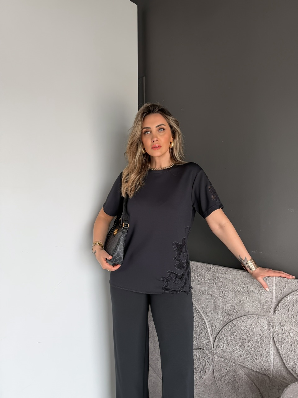 Antrasit Tek Yanı Nakışlı Modal Takım