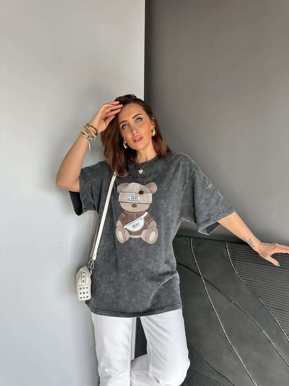 Antrasit The Best Bear Yıkamalı Tshirt