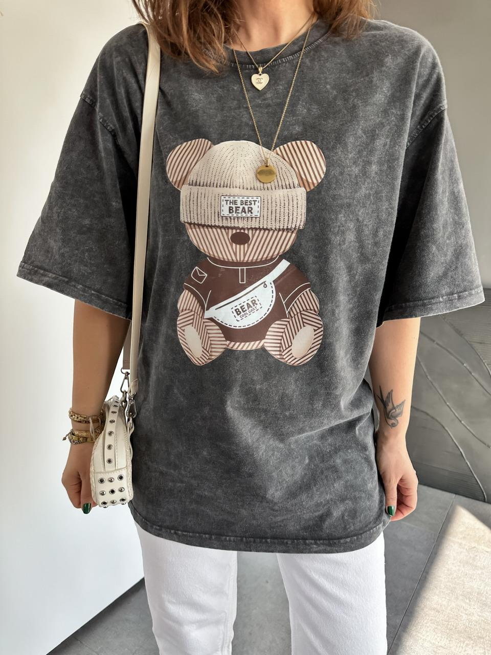 Antrasit The Best Bear Yıkamalı Tshirt