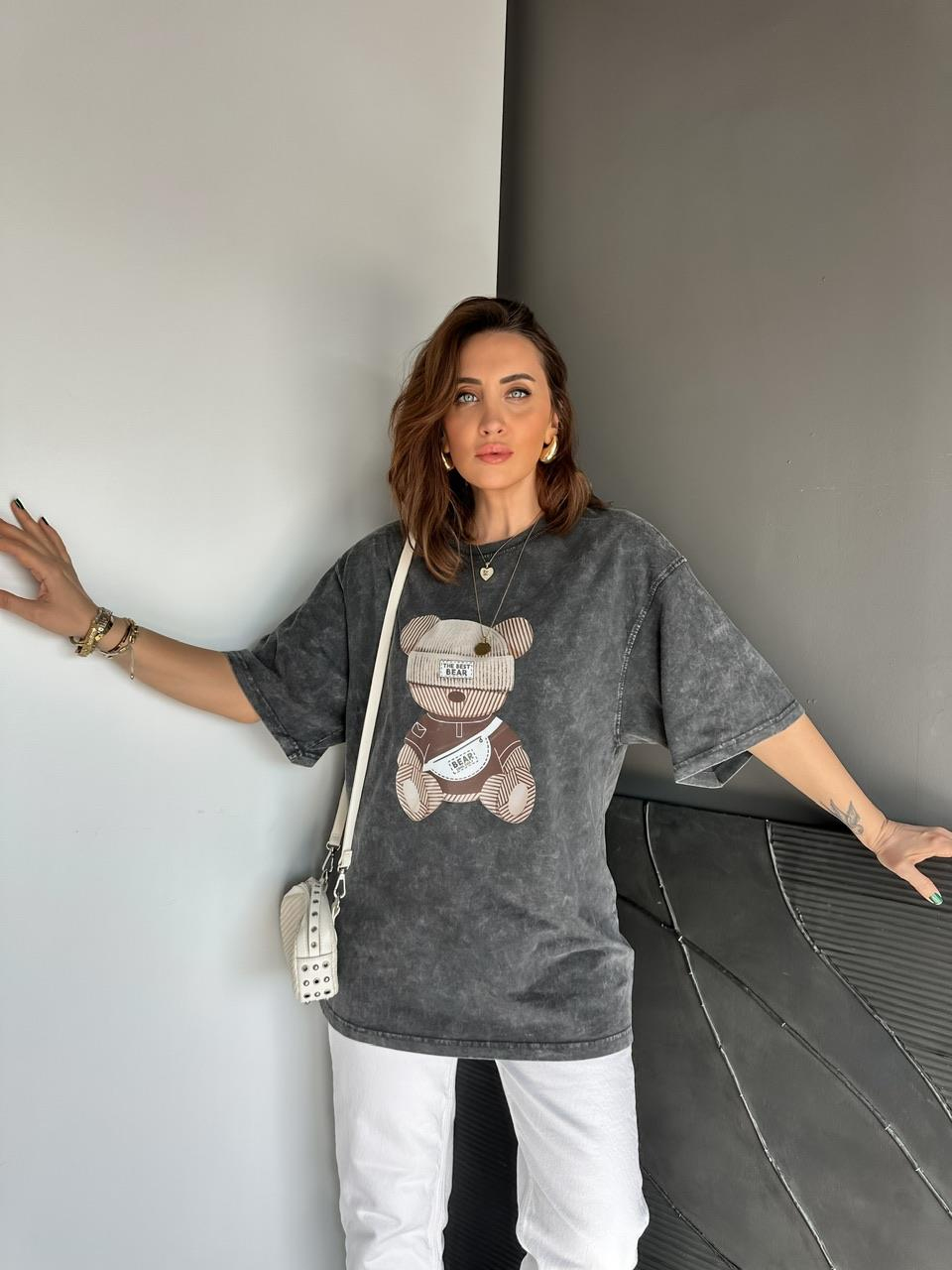 Antrasit The Best Bear Yıkamalı Tshirt