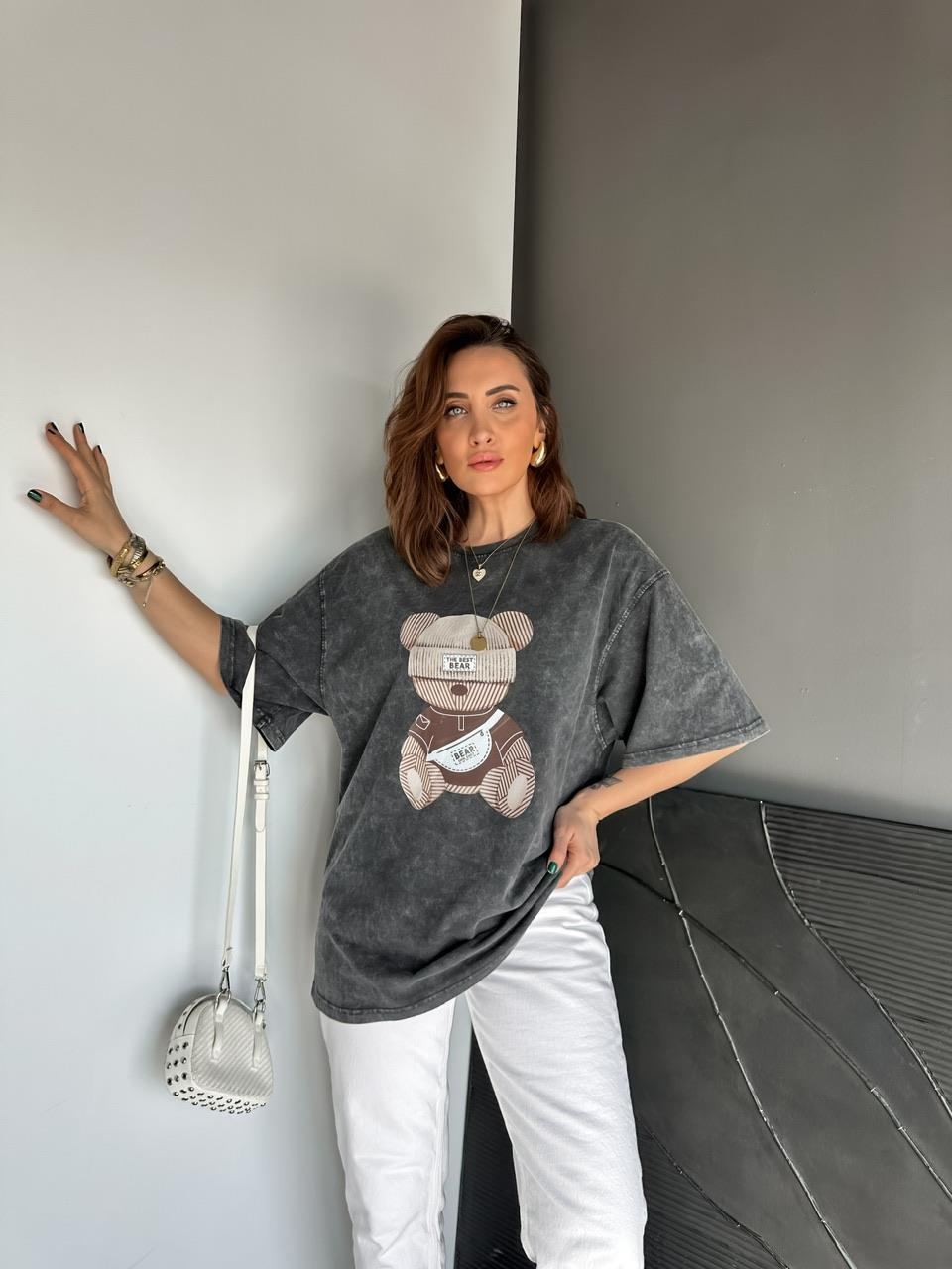 Antrasit The Best Bear Yıkamalı Tshirt