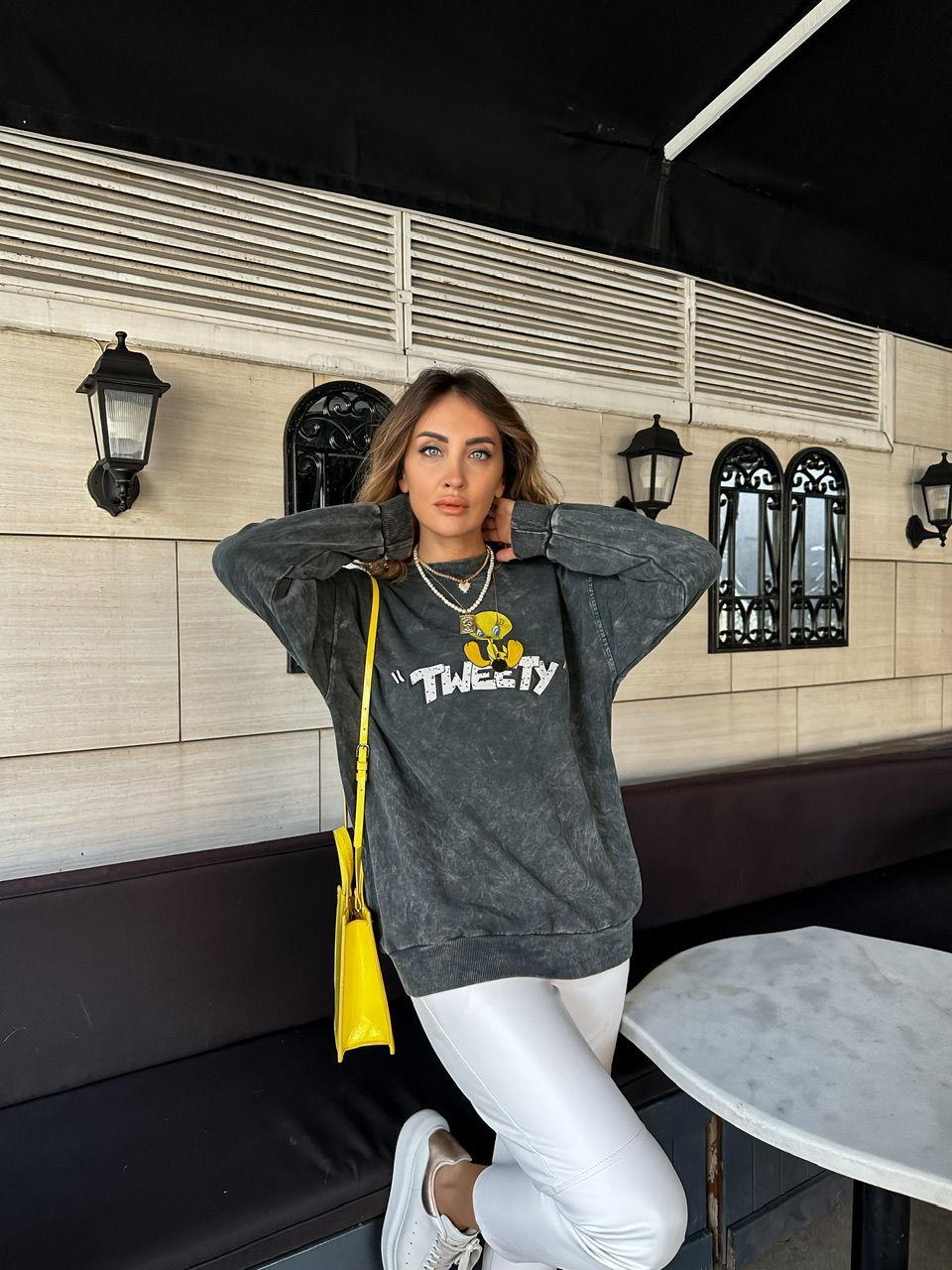 Antrasit Tweety Yıkamalı Sweatshirt
